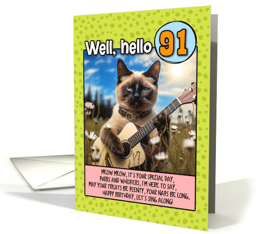 91 Years Old Happy Birthday Siamese Cat Playing Guitar card (1791632)