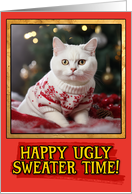 White Cat Ugly Sweater Christmas card