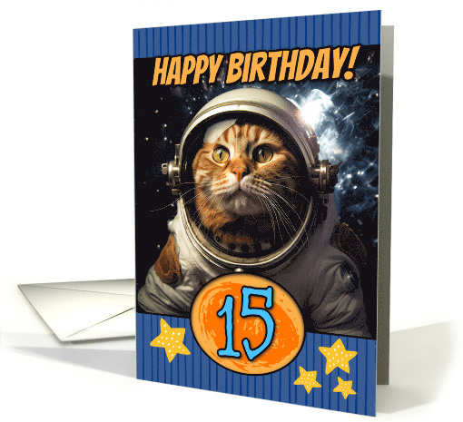 15 Years Old Happy Birthday Space Cat card (1803684)