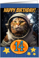 14 Years Old Happy Birthday Space Cat card