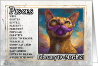 Pisces Birthday Zodiak Cat with Purple Glitter Mustache card