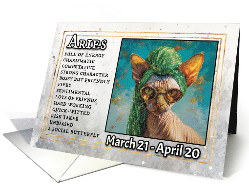 Aries Birthday Zodiak Cat with Green Glitter Wig card (1820300)