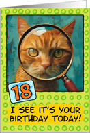 18 Years Old Happy Birthday Ginger Cat with Magnifying Glass card