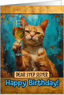 Step Sister Happy Birthday Ginger Cat Champagne Toast card