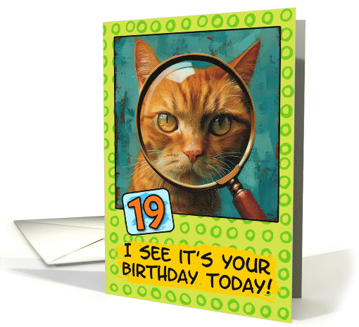 19 Years Old Happy Birthday Ginger Cat with Magnifying Glass card