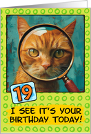 19 Years Old Happy Birthday Ginger Cat with Magnifying Glass card
