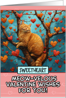 Sweetheart Valentine’s Day Ginger Cat in Tree with Hearts card