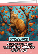 Grandson Valentine’s Day Ginger Cat in Tree with Hearts card