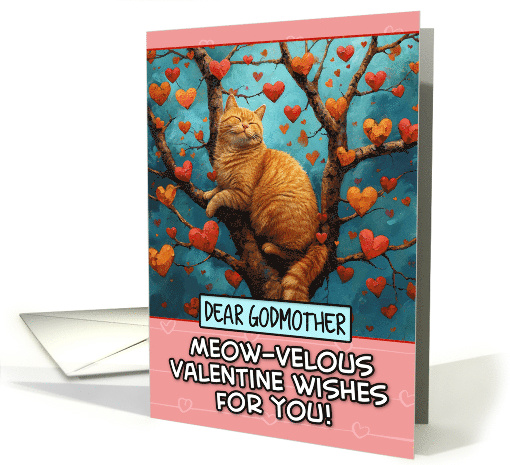 Godmother Valentine's Day Ginger Cat in Tree with Hearts card