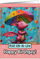 Son in Law Happy Birthgay Pink Dragon with Rainbow Umbrella card