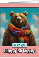 Son Happy Birthgay Brown Bear with Rainbow Scarf card