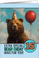 15 Years Old Happy Birthday Bear with Red Balloon card