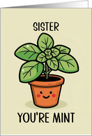 Sister Kawaii Cartoon Mint Plant in Pot card