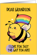 Grandson Happy Pride Kawaii Bee with Rainbow Flag card