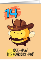 14 Years Old Happy Birthday Kawaii Bee with Cowboy Hat card