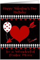 Birthday on Valentine’s Day to Foster Mom, Red hearts, white diamonds card