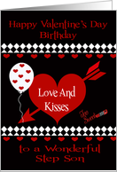 Birthday on Valentine’s Day To Step Son, Red hearts, white diamonds card