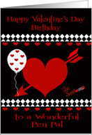 Birthday on Valentine’s Day To Pen Pal, Red heart, white diamonds card