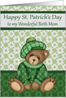 St. Patrick’s Day to Birth Mom, a cute bear wearing a hat, shamrocks card