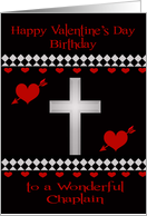 Birthday on Valentine’s Day To Chaplain, Red hearts with a white cross card