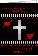 Birthday on Valentine’s Day To Minister, Red hearts with a white cross card