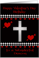 Birthday on Valentine’s Day To Deacon, Red hearts with a white cross card