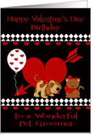 Birthday on Valentine’s Day To Pet Groomer, Red heart, white diamonds card