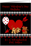 Birthday on Valentine’s Day To Pet Sitter, Red heart, white diamonds card