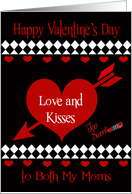 Valentine’s Day To Both Moms, Red hearts on black, white diamonds card