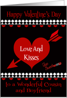 Valentine’s Day To Cousin and Boyfriend, Red hearts on black, diamonds card