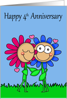 4th Wedding Anniversary with a Happy Flower Couple Smiling and Hearts card