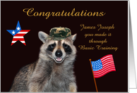 Congratulations, custom name, Completing Basic Training, raccoon, flag card