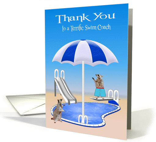 Thank you to Swim Coach, general, Raccoons at pool side, umbrella card