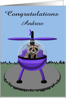 Congratulations becoming Helicopter Captain, custom name, raccoon card