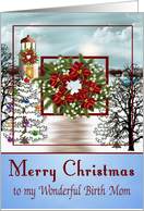 Christmas To Birth Mom, snowy lighthouse scene on blue with a wreath card