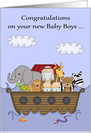 Congratulations on New Twin Baby Boys with a Noah’s Ark Theme card