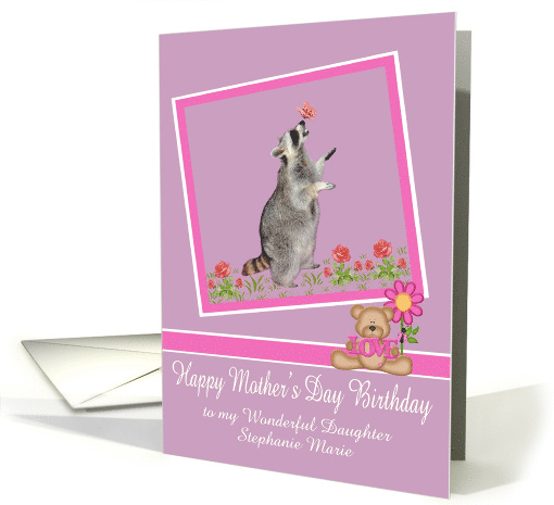 Birthday on Mother's Day, custom name, Raccoon with a butterfly card