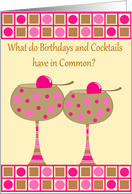 Birthday Age Humor Card with Cocktails and Cherries against Polka Dots card