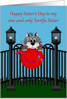 Sister’s Day to Only Sister, Cat on a fence with red hat, light posts card