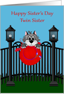 Sister’s Day to Twin Sister, Cat on a fence with red hat, light posts card