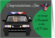 Congratulations to son on assignment to K-9 Unit, raccoon and dog card