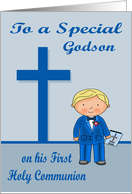 Congratulations On First Communion to godson, boy with blonde hair card