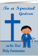 Congratulations On First Communion to godson, dark-skinned boy card