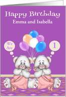 Birthday to Twin Girls Custom Name and Age with Bears and Balloons card