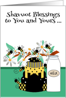 Shavuot, general, bees making honey in a hive and a bottle of milk card