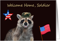 Welcome Home from military service, general, raccoon with USA flag card