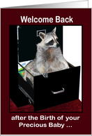 Welcome Back to Work, maternity leave, raccoon in a file cabinet card