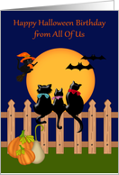 Birthday on Halloween from All Of Us, three cats gazing at the moon card