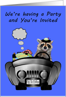 Invitations to Off to College Party, feminine, raccoon driving a car card