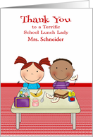 Thank You to School Lunch Lady, custom name, boy and girl eating card